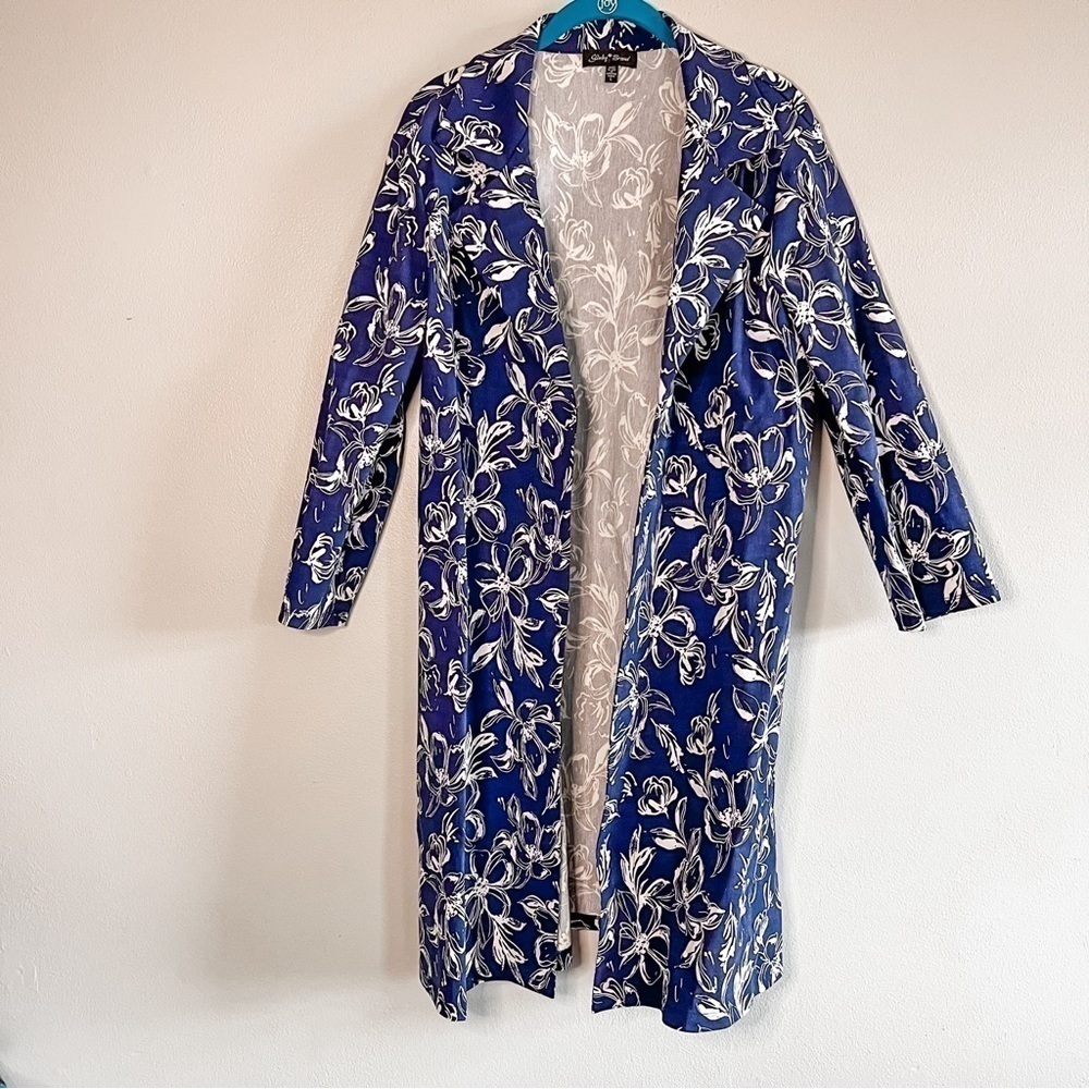 Slinky Brand Blue & White Floral Trench Style Open Front Longline Coat Large